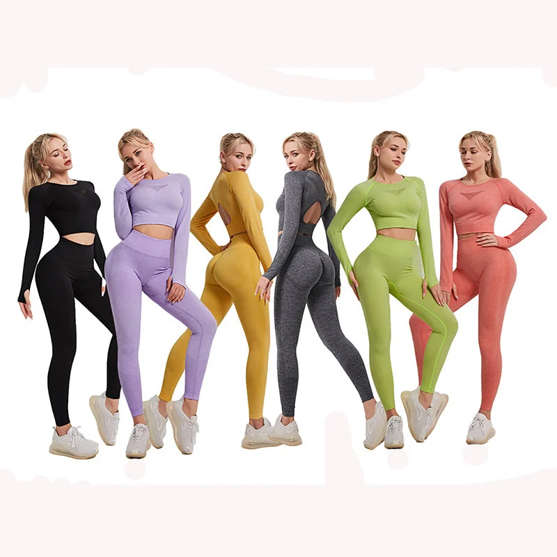 Wholesale Seamless yoga suit set with high waist sports and long sleeves 6 colors